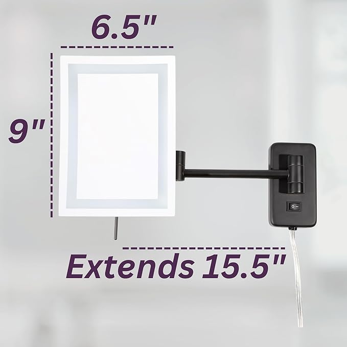 JERDON Rectangular Wall Mount Makeup Mirror - Black Makeup Mirror with 5X Magnification and LED Lights - Plug in - Model JRT710BKL