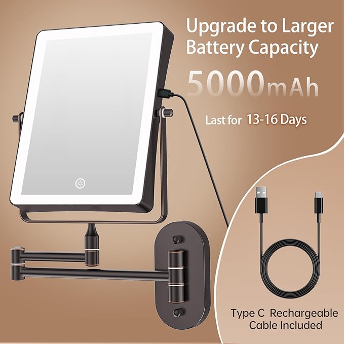 FASCINATE 5000mAh Rechargeable Wall Mounted Makeup Mirror, 8.7" Double Sided Touch Switch 1X 30X Rectangle Wall Mounted Magnifying Mirror with Light, 3 Color Setting, Extended Arm 360° Foldable Bronze
