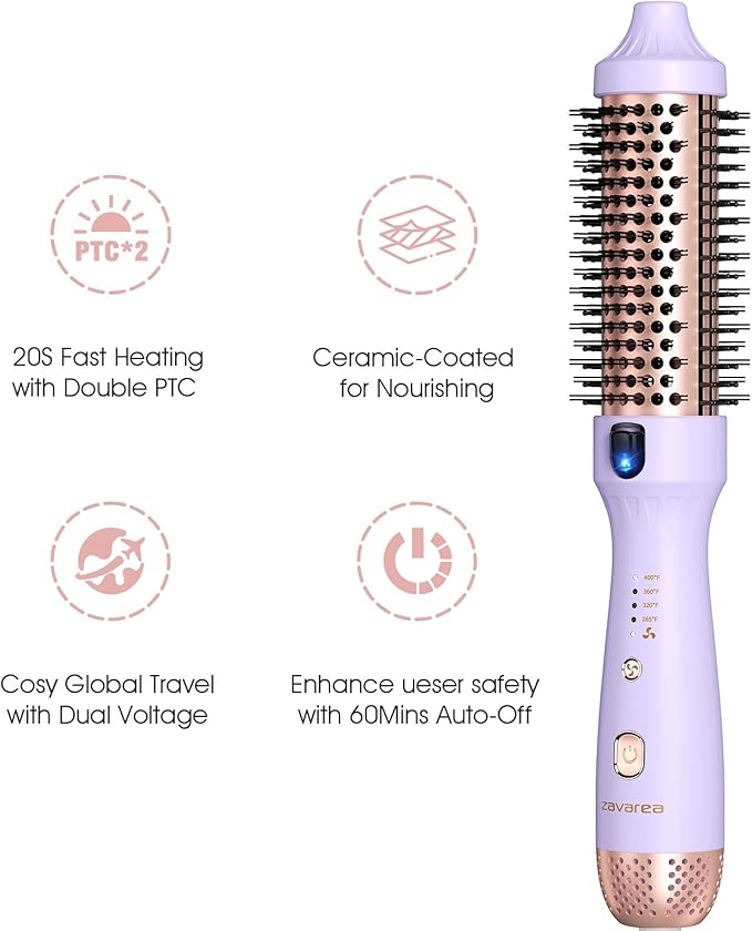 Thermal Brush for Less Damage, Zavarea 1.5 Inch Heated Round Brush for Blowout Look, Heated Curling Styler with Negative Ions & Ceramic for Volumizing, Easy to Use, Dual Voltage (Valoran Purple)