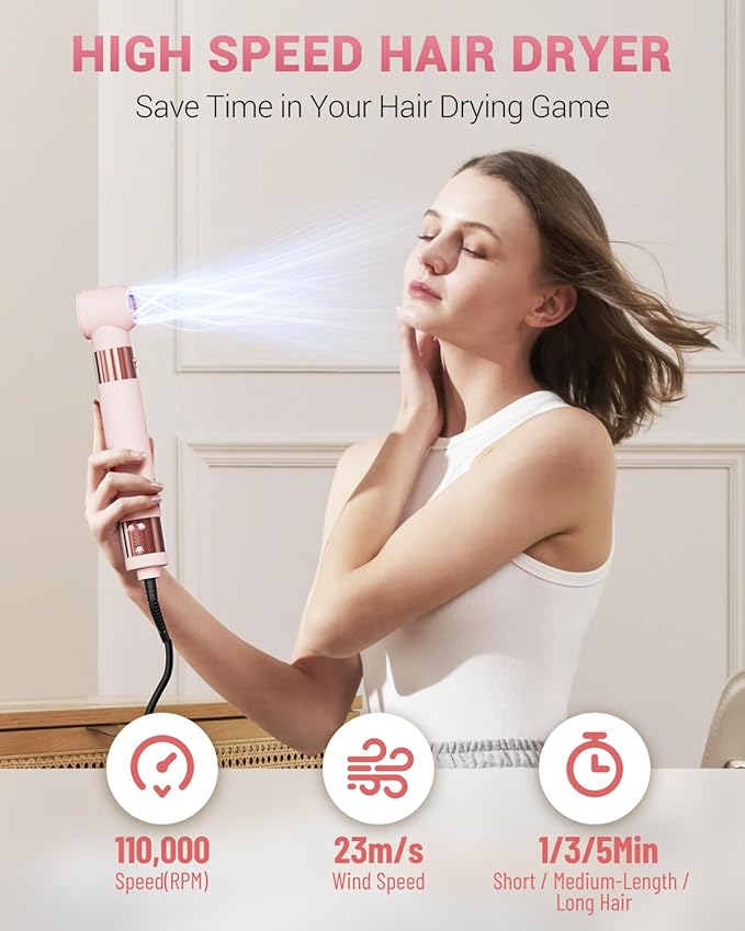 Hair Dryer Brush 6 in 1 Professional Hot Air Styler, 110,000 RPM High-Speed Negative Ionic Hair Dryer, Auto Wrap Curler Frizz-Free Airwrap for Curling Volumizing Straightening Styling Pink