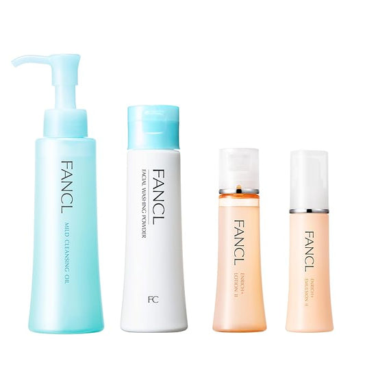 FANCL Japanese Skincare Set – Double Cleansing Oil & Face Wash Powder, Enrich Toner & Moisturizer (Hydrating 4-Step Routine)