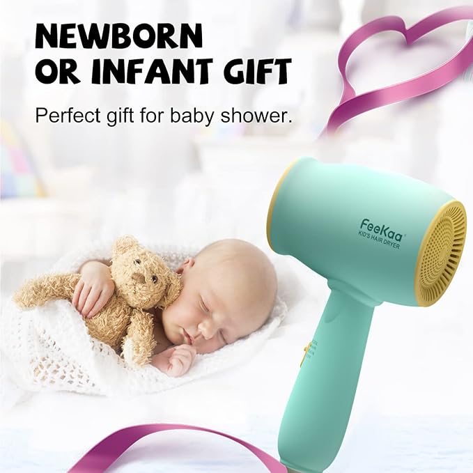 Feekaa Kids Hair Dryer, Low Noise Gentle Heat for Kids Skin, Gift for Children's Birthday, Christmas, Yellow-Green