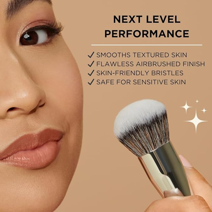 HALEYS Kabuki Makeup Brush + GWP Skin Tint Mini, VEGAN+CRUELTY-FREE, Sustainable Wood, Vegan Bristles for Airbrushed Finish, For Creams, Liquids, Powder, Streak-free, Perfect Blending, Buffs, Blurs