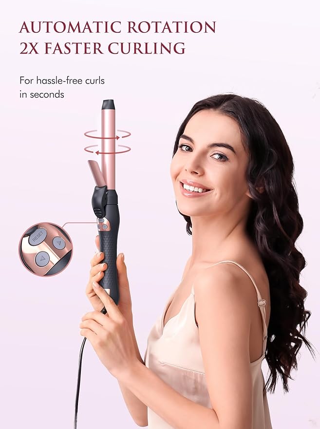LANDOT Automatic Rotating Curling Iron: Easy-to-Use Ceramic Curling Wand 1 inch for Salon-Worthy Curls & Waves - Quick Heat & Adjustable Temp for All Hair Types