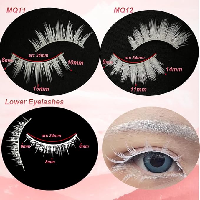 White False Eyelashes Comb for Cosplay, Halloween, Easter - Colorful Eye Extension Makeup Tools, Natural Looking Masquerade Party White Lashes (MQ11UD)
