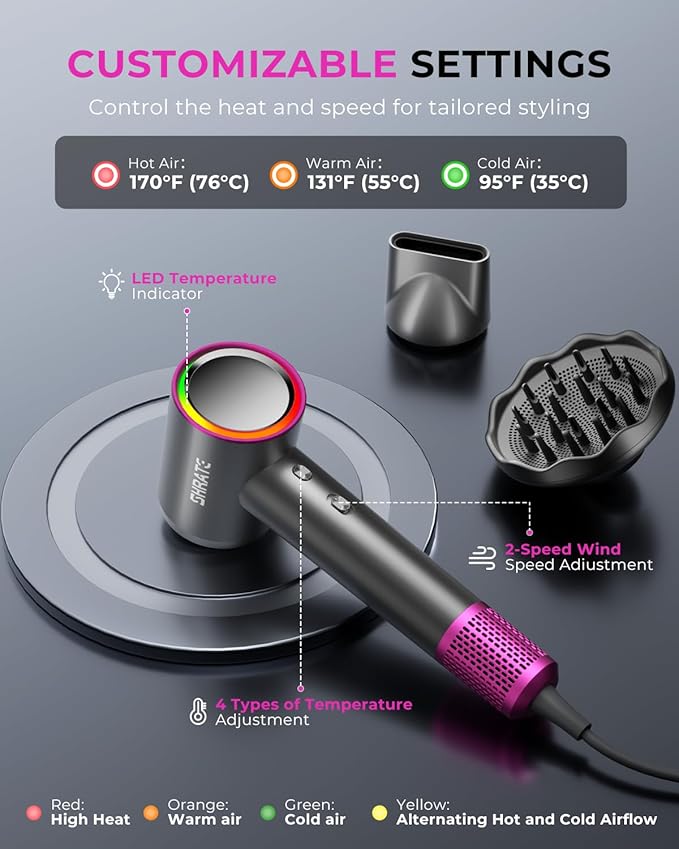 SHRATE Professional High Speed Ionic Hair Dryer | Ultra-Fast Drying | 500 Million Negative Ions | Low Noise | 160000 RPM | Compact Blow Dryer with Magnetic Diffuser for Faster Drying All Hair Types