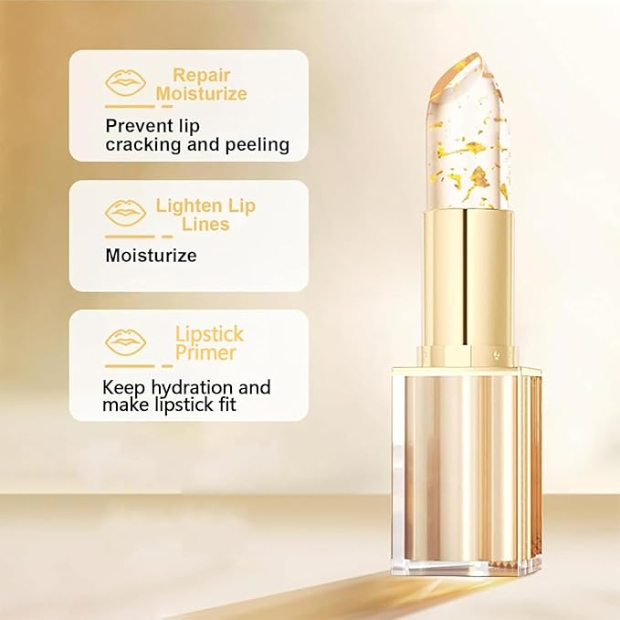 PIN&WEI Color Changing Lipstick, Gold Crystal Ph Lipstick Color Changing, Long Lasting Moisturizing Glossy Shine Lip Gloss, Deep Nourishment (1pcs)