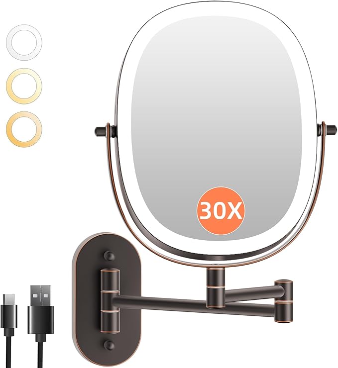FUNTOUCH 30X/1X Wall Mounted Lighted Makeup Mirror, 5000mAh Rechargeable Double Sided Magnifying Bathroom Mirror, 3 Color Modes Touch Dimmable Extended Arm 360 Rotation, Antique Bronze