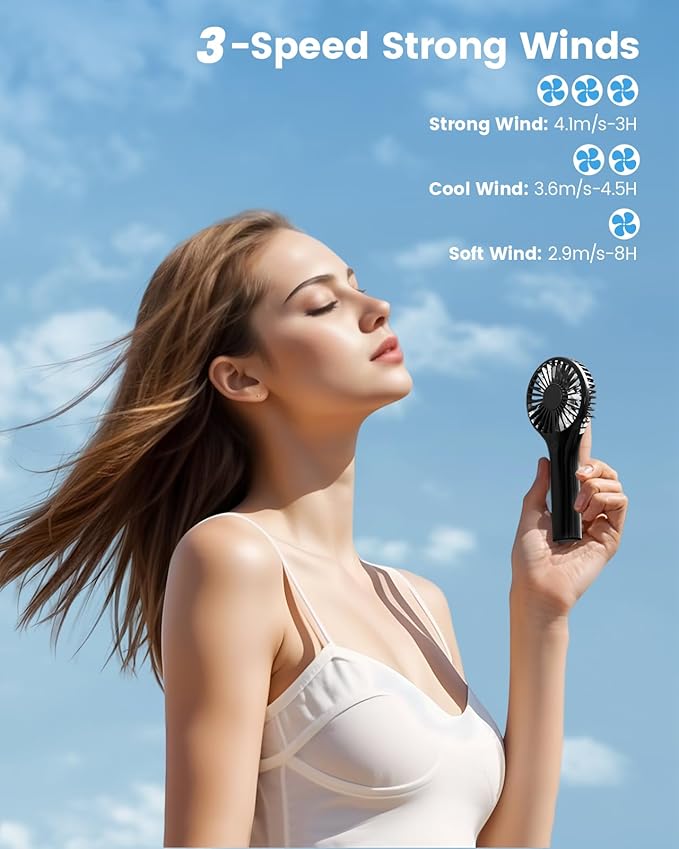 Portable Mini Fan - Powerful Personal Handheld Fan with 3 Speeds, Cute and Small, USB Rechargeable for Travel/Lash/Makeup/Outdoor/Home,Black