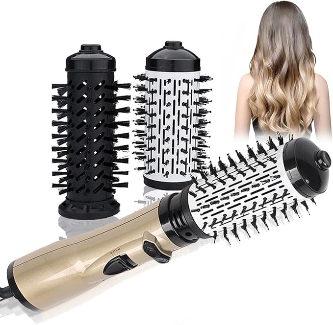3-in-1 Hot Air Styler & Rotating Hair Dryer Brush with 2 Interchangeable Brushes | Anti-Frizz Ionic Technology for Straightening, Drying & Curling | 3 Heat Settings & 360° Rotation (Gold)