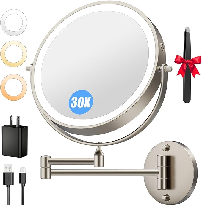 9'' 30X/1X Wall Mounted Lighted Makeup Mirror, 5000mAh Rechargeable Double-Sided Magnifying Mirror with Light, Vanity Mirror Touch Dimmable 3 Colors 360° Rotation Extended Foldable Arm, Power Adapter