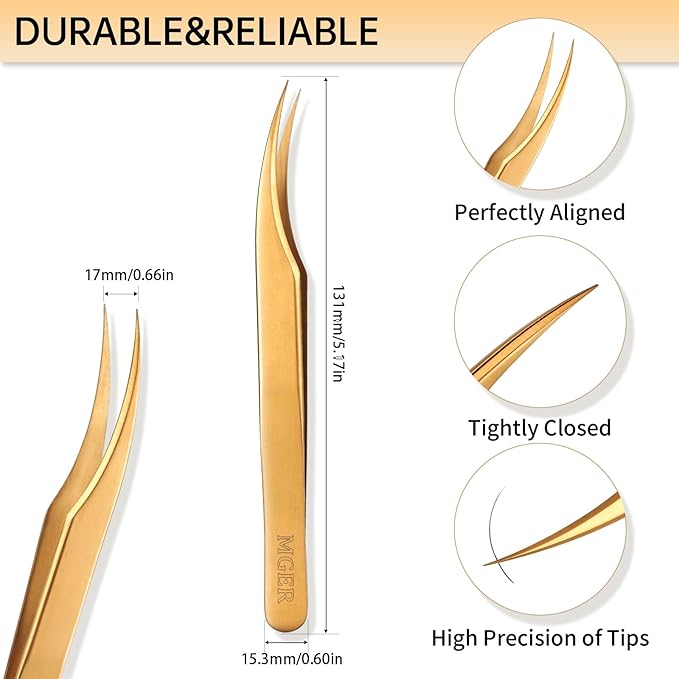 MGER Lash Tweezers for Eyelash Extensions, Professional Hand Calibrated Dolphin tip Tweezers&eyelash tweezers for lash extensions, isolation tweezers eyelash extensions, Gold
