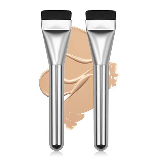 2Pcs Flat Foundation Brush,Face Mask Brush Makeup Spatula Facial Brush for Liquid Foundation Mask,Premium Face Korean Makeup Brush for Blending Cream (Silver&Silver)