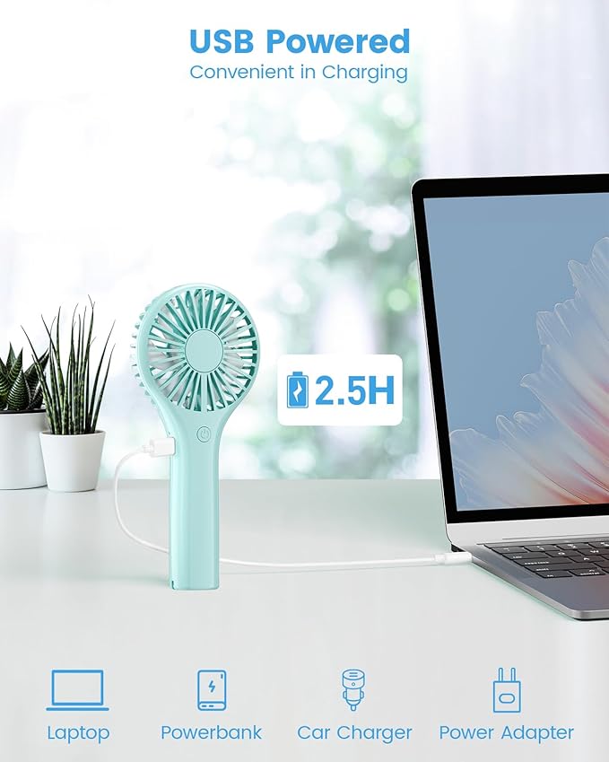 Portable Mini Fan - Powerful Personal Handheld Fan with 3 Speeds, Cute and Small, USB Rechargeable for Travel/Lash/Makeup/Outdoor/Home, Blue