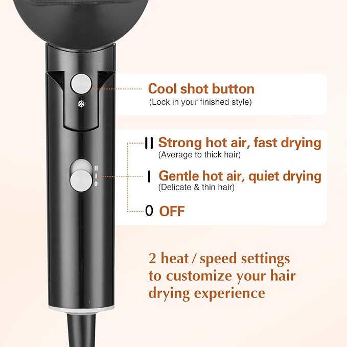 Hair Dryer, 1600W Small Foldable Hair Blow Dryer, Fast Drying Compact Hair Dryer, Black