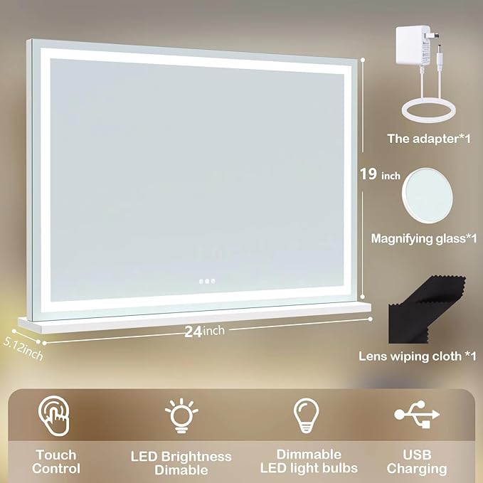 Makeup Vanity Mirror with USB Charging Port 24" x 19" Large LED Makeup Mirror, Desk Mirorr with Lights, Light up Mirror with 10X Magnification and, Dimmable 3 Modes, Touch Control White
