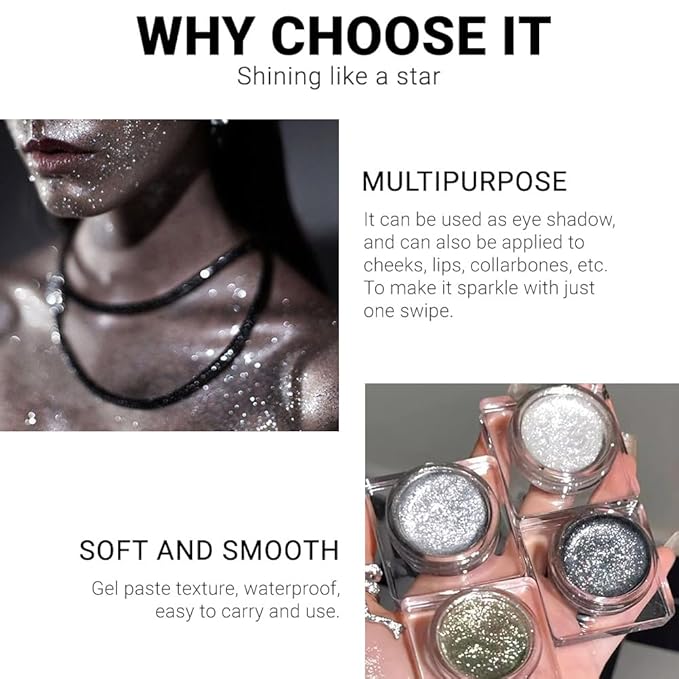 Single Cream Glitter Eyeshadow, Shimmer Eyeshadow Palette, Korean Eye Glitter Makeup, Ultra-Blendable, Sparkle Silver Eye Shadow, Single Shade Metallic Pigmented (Black)