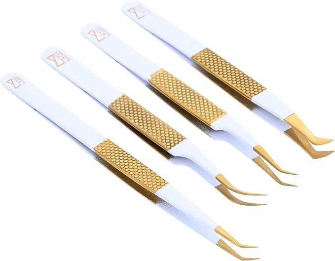 M LASH Tweezers for Eyelash Extensions (Set of 4) - Professional Lash Extension Tweezers - Fiber Tip, Japanese Steel, Diamond Grip Eyelash Extension Tweezer (WMG-SET)