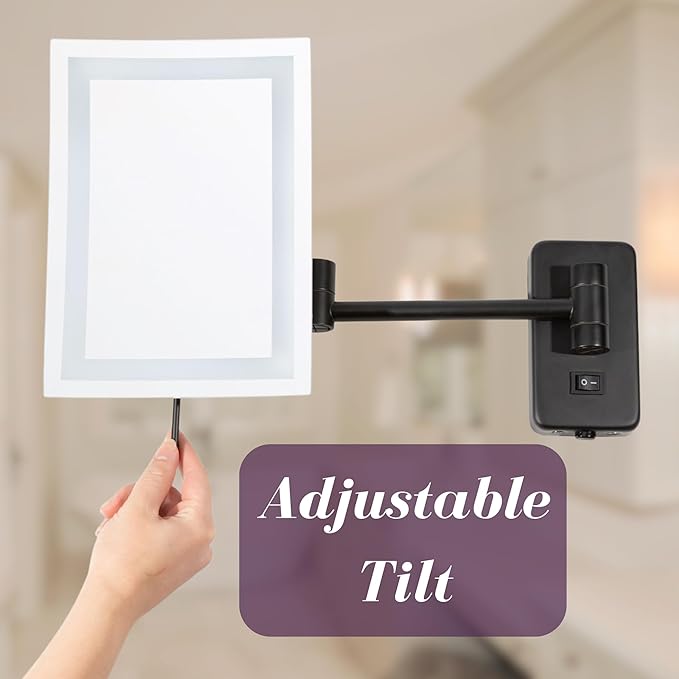 JERDON Rectangular Wall Mount Makeup Mirror - Black Makeup Mirror with 5X Magnification and LED Lights - Plug in - Model JRT710BKL