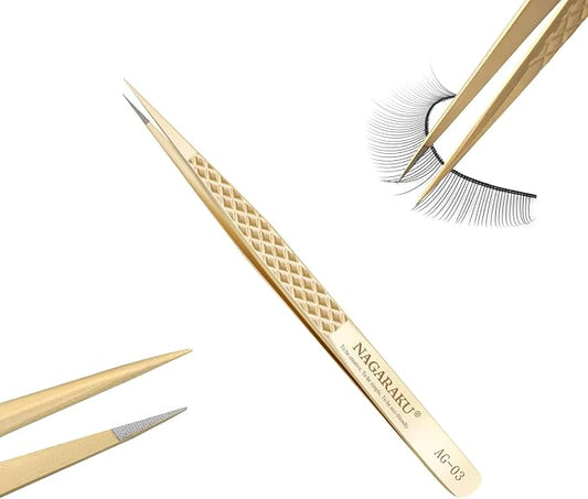 NAGARAKU Eyelash Tweezers, Precision Fiber Tip Tweezer for Eyelash Extensions Diamond Grip Anti-Static Anti-Slip Premium Gold Stainless Steel Pointed Lash Tweezers -Straight Tip Classic Tweezer AG-03