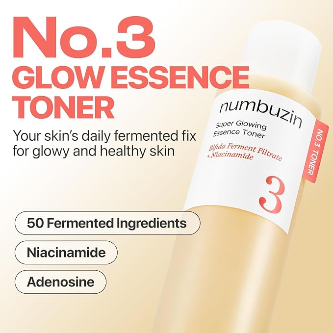 numbuzin No.3 Super Glowing Essence Toner, Fermented Toner for Skin Glow & Texture, Bifida, Niacinamide, Hydrating, Radiance-Boosting Essence, Fragrance-Free, 6.76 fl oz (200ml)