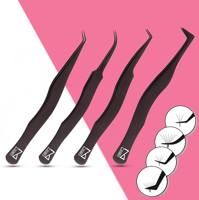 M LASH Eyelash Tweezers for Eyelash Extensions (Set of 4) - Professional Lash Extension Tweezers - Fiber Tip Lash Tweezers, Japanese Steel, Diamond Grip For Flawless Application (Black)