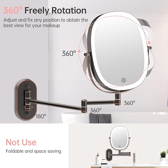 FUNTOUCH 30X/1X Wall Mounted Lighted Makeup Mirror, 5000mAh Rechargeable Double Sided Magnifying Bathroom Mirror, 3 Color Modes Touch Dimmable Extended Arm 360 Rotation, Antique Bronze