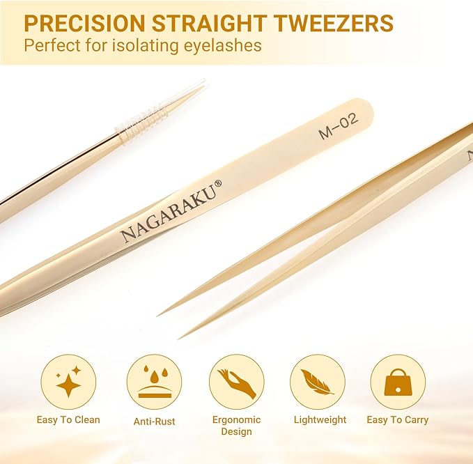 NAGARAKU Tweezers for Eyelash Extensions Straight Precision Isolator Tweezers Professional Pointed Volume Easy Fanning Lash Pinzas Stainless Steel Precise Pointy Long Tip for Lashes Isolation (M-02)