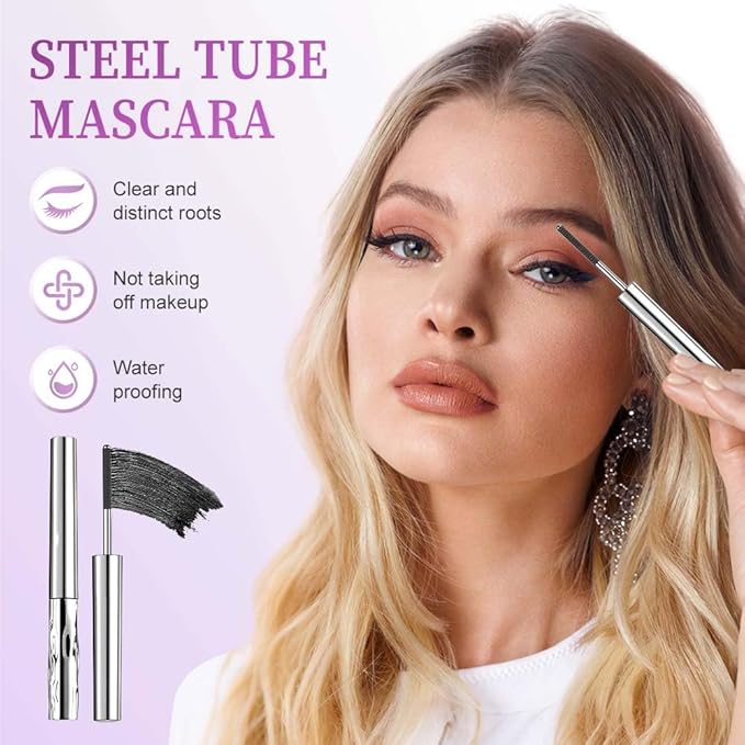 Iron Wand Mascara, Waterproof Quick Drying Curling Mascara, Black, 3D Curling Metal Wands, No Flaking, No Clumping (1 PCS)