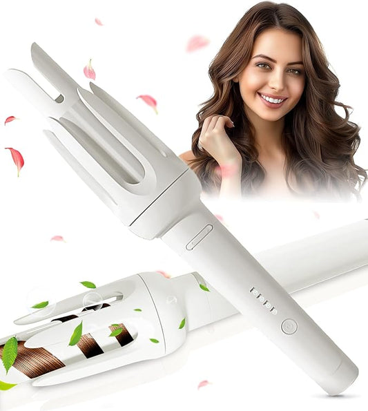 Auto Hair Curler, Automatic Curling Iron with 4 Temperature & 3 Timer, Automatic Shut-Off, Anti-Scald, Anti-Tangle Rotating Curling Wand for Hair Styling, White