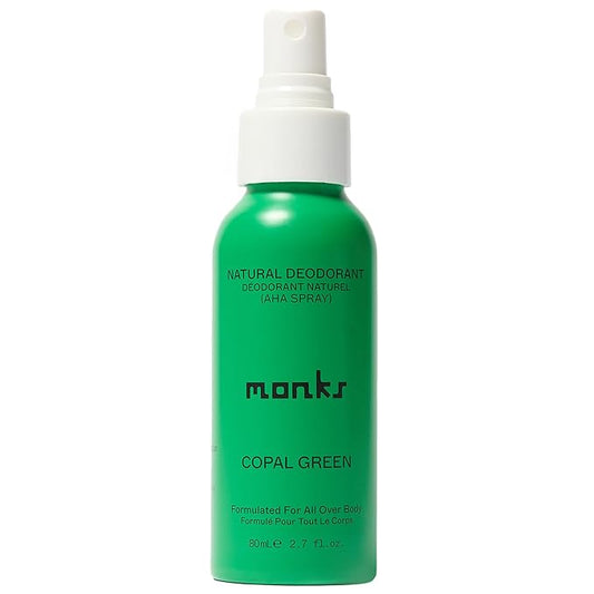 MONKS Whole Body Natural Deodorant Spray - For Women and Men, Aluminum-Free, Baking Soda Free, Probiotics, Organic AHA’s, Pure Essential Oils (Copal Green)