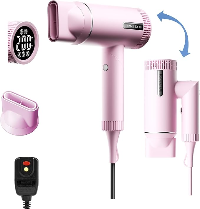 Hair Dryer, High-Speed Ionic Blow Dryer, Powerful 1600 Watt Motor for Fast Drying and Straight & Wavy Hair, Foldable, Lightweight Hairdryer with with Magnetic Suction Nozzle for Home Salon Travel
