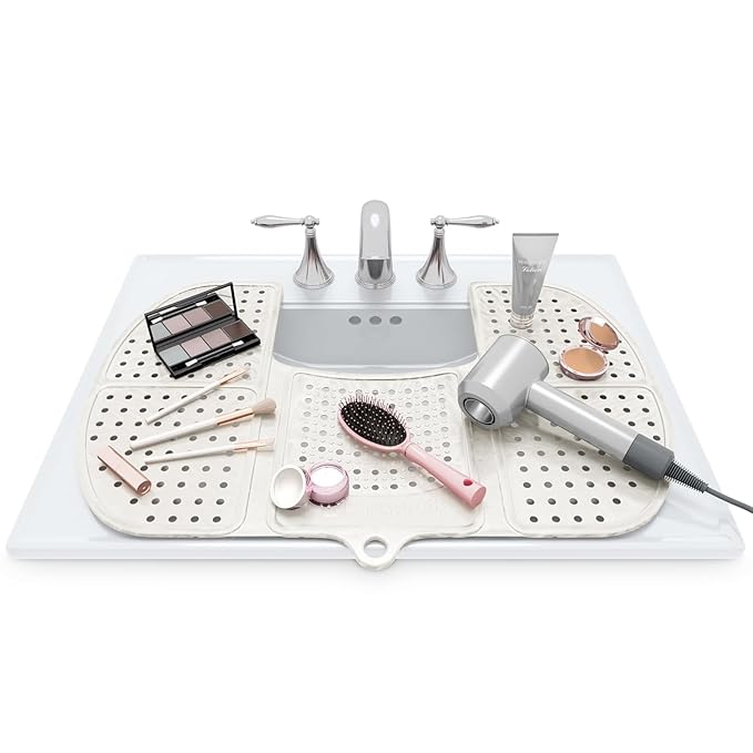 Sink Topper Bathroom Sink Cover for Counter Space & Storage Saver | RV Must Haves | Silicone Foldable Beauty Makeup Brush Cleaning Mat | Hot Tools Organizer | RV Sink Cover | Large, Pearl