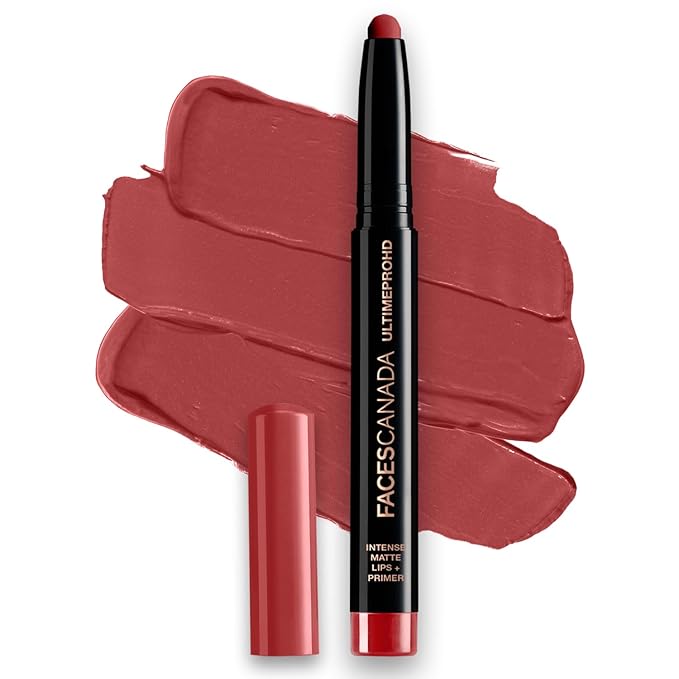 Faces Canada Ultime Pro HD Matte Lip Crayon with Primer | Long Lasting 9HR Stay Lip Color | Smooth Glide, Bold Pigment, Non-Drying Finish | Bloodmoon (Red) Shade - 0.04 Oz (1.14g)