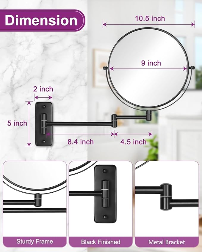 20X/1X Wall Mounted Makeup Mirror, 9 Inch Double Sided Magnifying Bathroom Mirror, Large Size 360° Swivel Extendable Vanity Mirror for Shaving, Black