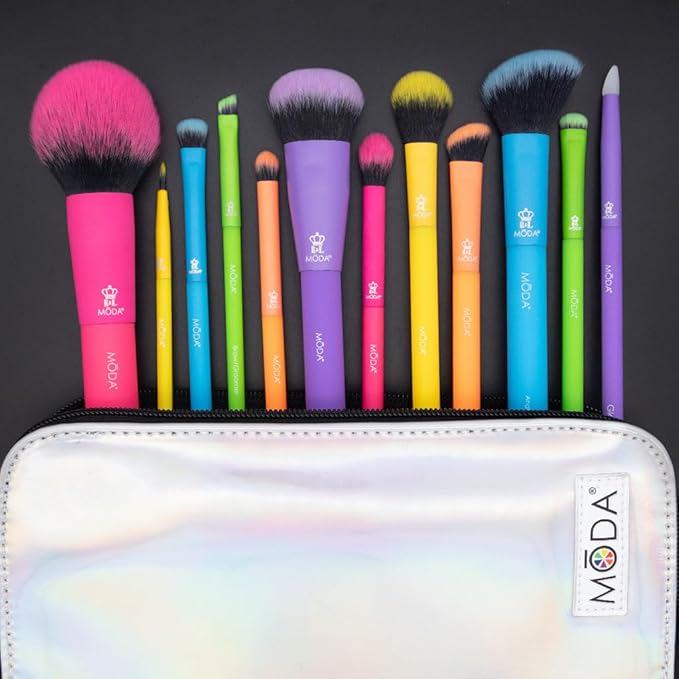 Moda Totally Electric 13pc Full Face Makeup Brush Set – Bold, Colorful, Vegan Brushes for Face & Eye Makeup, Blending, Contouring, and More