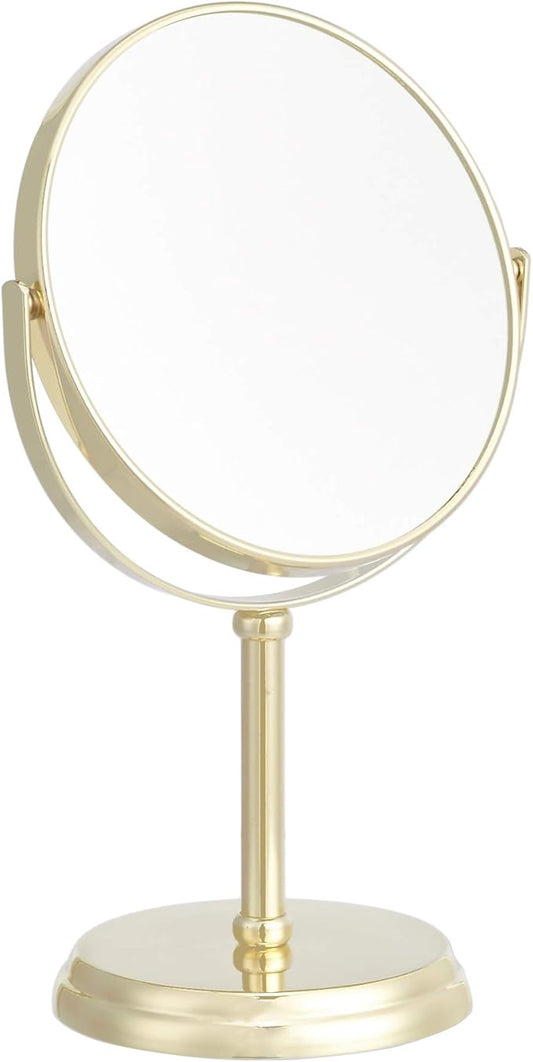 Amazon Basics Tabletop Magnifying Mount Vanity Round Mirror, 1X/5X Magnification, Iron Frame, 7.2"L x 4.92"W, Gold