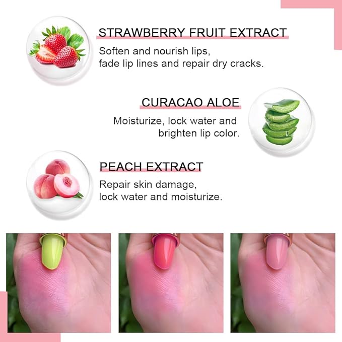 BINGBRUSH Aloe vera Color Changing Lipstick,Moisturizer Long Lasting Lip Care Magic Lip Gloss,Makeup Lipstick Set (3pcs Aloe+Strawberry+ Peach, 3 Count (Pack of 1))