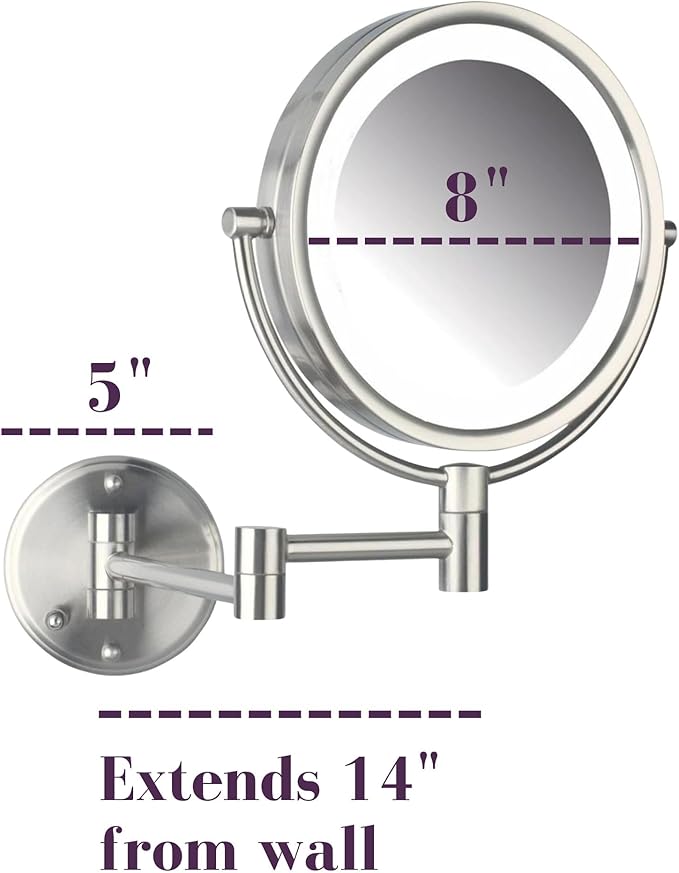 JERDON Wall-Mounted Vanity Mirror with Lights - Hard Wired Makeup Mirror with 8X Magnification & Nickel Finish - Direct Wire Model HL88NLD