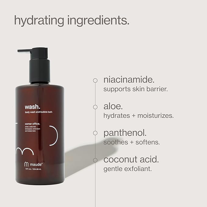 MAUDE Wash - pH Balanced Moisturizing Body Wash - Amber & Cedar Scented Body Soap & Bubble Bath - With Smoothing Niacinamide & Aloe - Gentle Everyday Shower Gel & Relaxing Bath Soap - No.1 (12 oz)