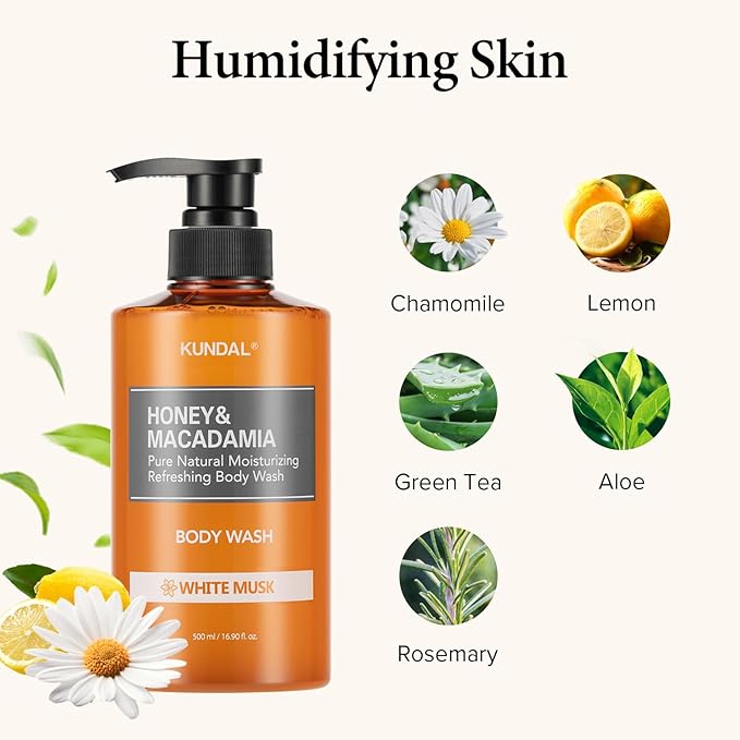 KUNDAL Nature Honey & Macadamia Natural Moisturizing Body Wash Deep Nourishment, Natural Extracts Blend, 10,000 ppm Honey, Safe for All Ages, Soft & Smooth Skin 16.9 fl oz (Pack of 1) (White Musk)