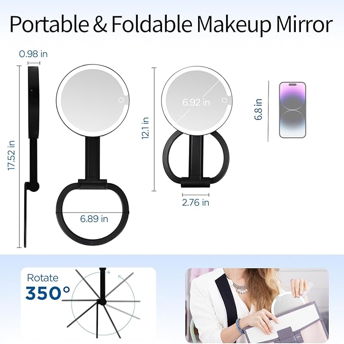 Lighted Makeup Mirror with 3 Color Modes & Dimmable Brightness, 360° Rotation, Double-Sided 1X/10X Magnifying Mirror, Rechargeable Portable Vanity Mirror for Home and Travel, Touch Control - White