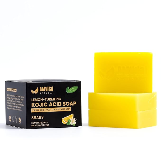 AMVital Lemon Turmeric Kojic Acid Soap Bar - 3-Pack Plant-Based Face & Body Bar Soap - Gentle Daily Soap for All Skin Types - Vegan Skincare Gift for Men & Women