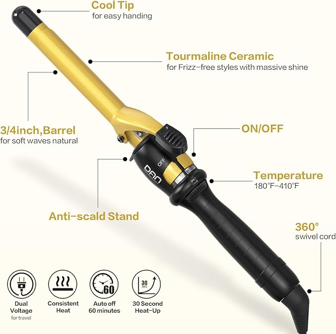 DAN Technology 3/4 Inch Curling Iron Wand for Classic Natural Curls, Tourmaline Ceramic Hair Curler with 180°F–430°F Adjustable Temperature, Fast Heating, Dual Voltage, Auto Shut-Off, Black & Gold