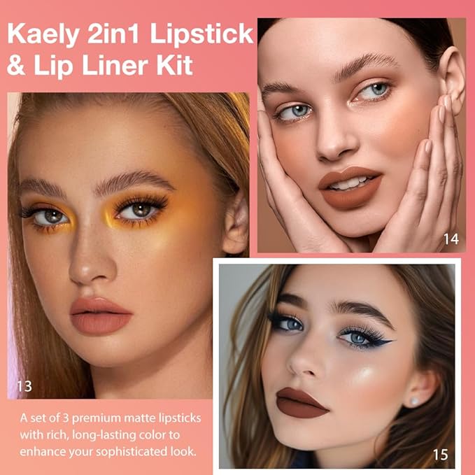 evpct 3Pcs DarK Light Nude Brown Matte Lip Liner and Lipstick Combo Set for Women Long Lasting, Cream Gradient Lipstick and Lip Liner Crayon Contour Pencil Makeup, Flawless Ombre Effect, Waterproof