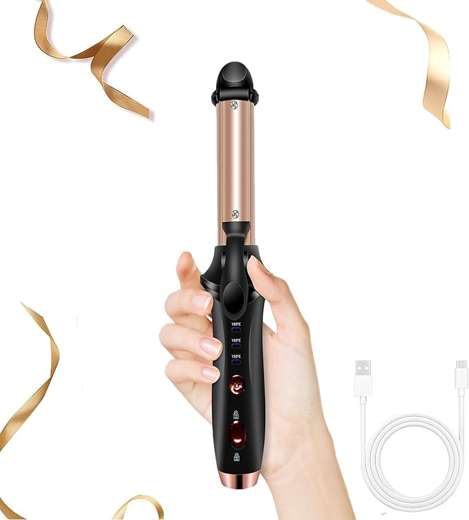 Cordless Curling Iron, Travel Curling Iron USB Rechargeable Ceramic Curling Wand, 302°F-356°F Mini Flat Iron with 3 Temp Setting,Hair Curlers for Short Hair Straightener and Curler 2 in 1