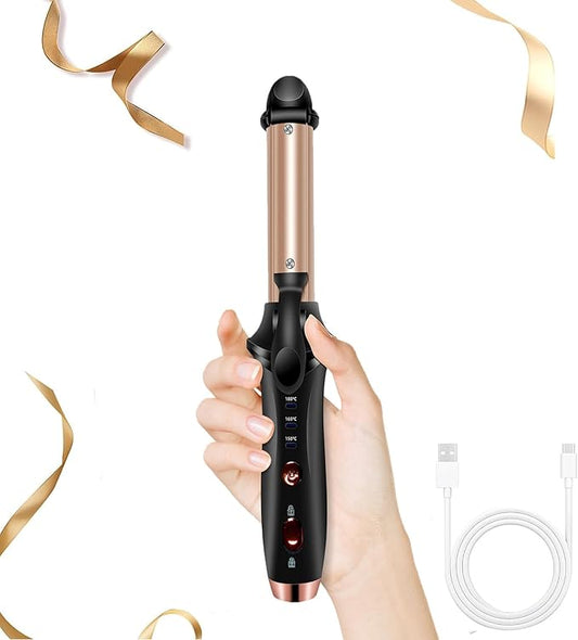 Cordless Curling Iron, Travel Curling Iron USB Rechargeable Ceramic Curling Wand, 302°F-356°F Mini Flat Iron with 3 Temp Setting,Hair Curlers for Short Hair Straightener and Curler 2 in 1