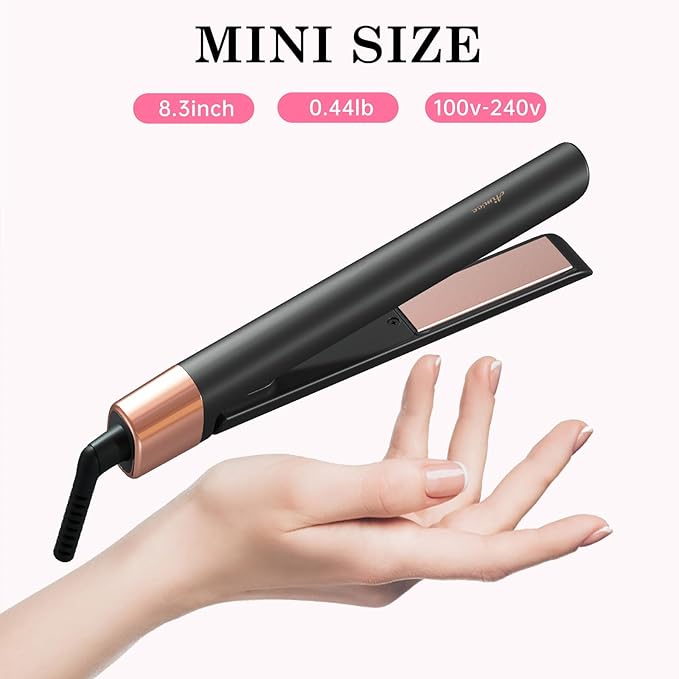 Mini Flat Iron 1 Inch Ceramic Mini Hair Straightener, Small Flat Irons for Short Hair, Curls Bangs, Dual Voltage for Travel,Dual Voltage for Worldwide Use, Black