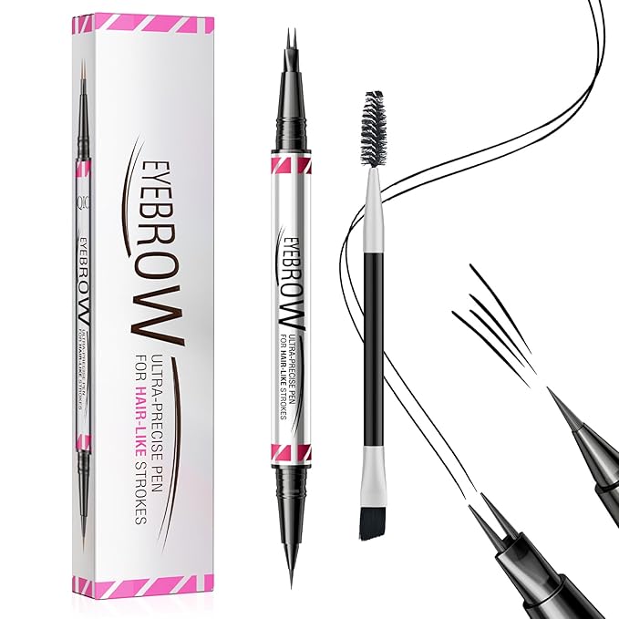 Eyebrow Pen, Brow Pencil 2-in-1 Dual-Ended Microblading Eyebrow Pencil with Micro-Fork-Tip & Precise Brush-Tip Crease Natural Hair-Like Brows, Last All-Day (Black)