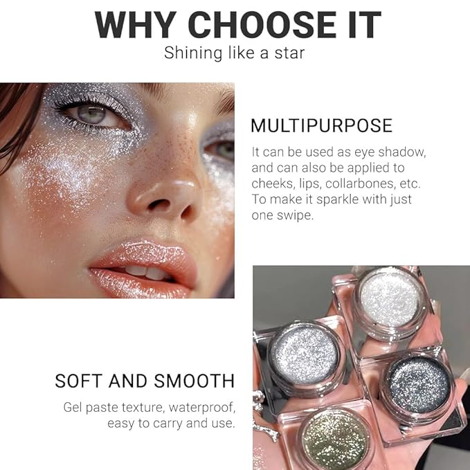 Single Cream Glitter Eyeshadow, Shimmer Eyeshadow Palette, Korean Eye Glitter Makeup, Ultra-Blendable, Sparkle Silver Eye Shadow, Single Shade Metallic Pigmented (Silver)